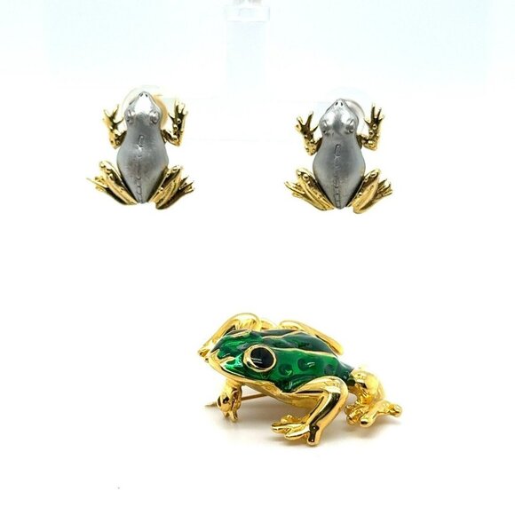 2 VTG Jewelry Frog Pieces - JJ Jonette & Ai Gold Tone & Enamel! Pin Earrings 122 - Picture 6 of 12